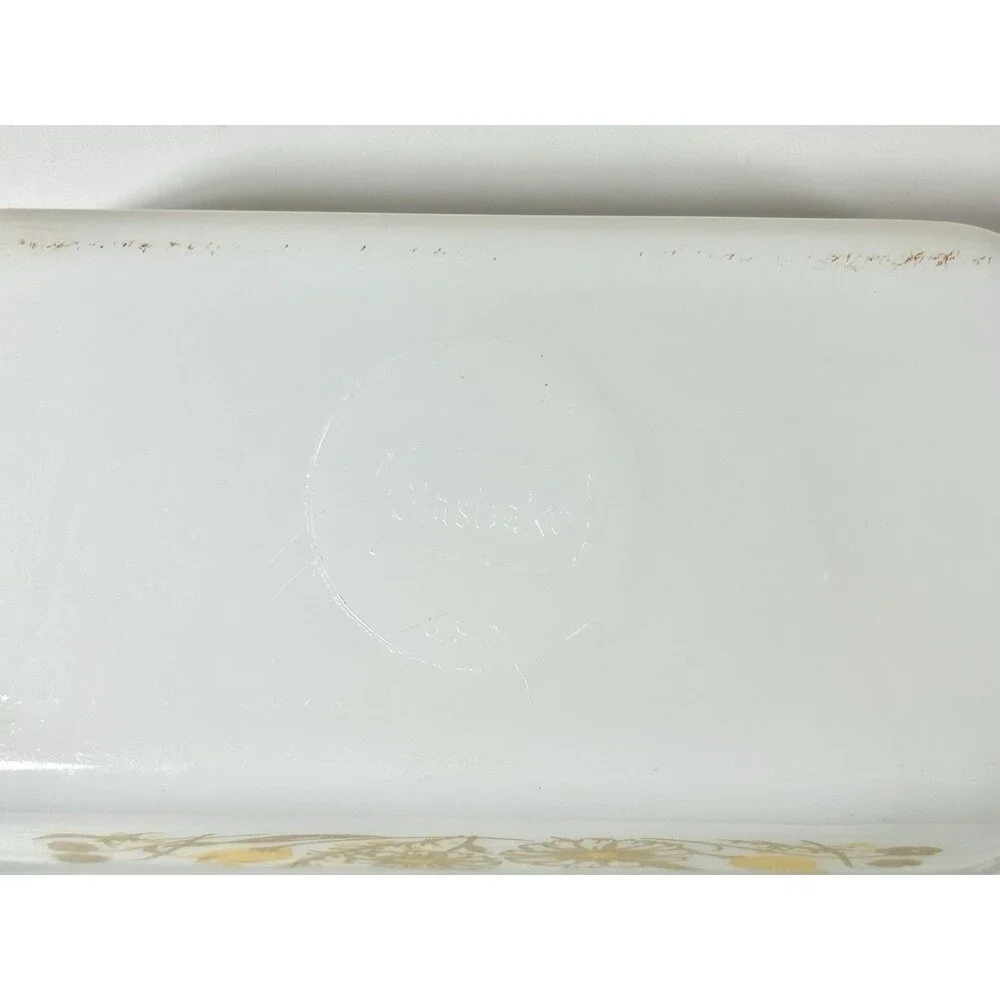Vintage Glasbake White Glass Yellow / Brown Daisies Baking Loaf Pan Dish